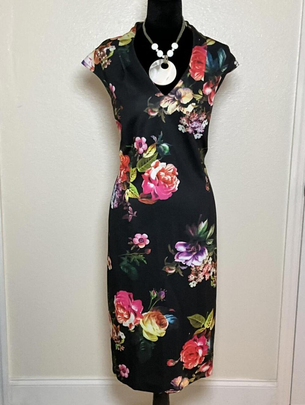 SLNY Fashions NY Black Floral Midi Dress 14W Cap Sleeve V-Neck Fitted Sheath